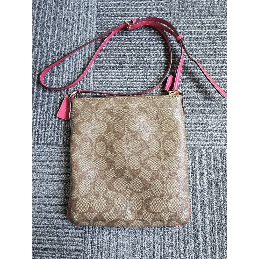 Coach North South Crossbody Bag Signature Canvas Khaki Bright Pink F58309 NEW